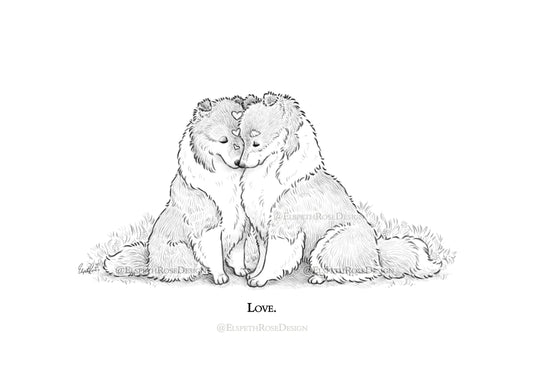 Love Collies 8x6 Mounted Open Edition Art Print  | Sketch Illustration Style | Cartoon | Whimsical Children's Book Style | Rough Collie Dog