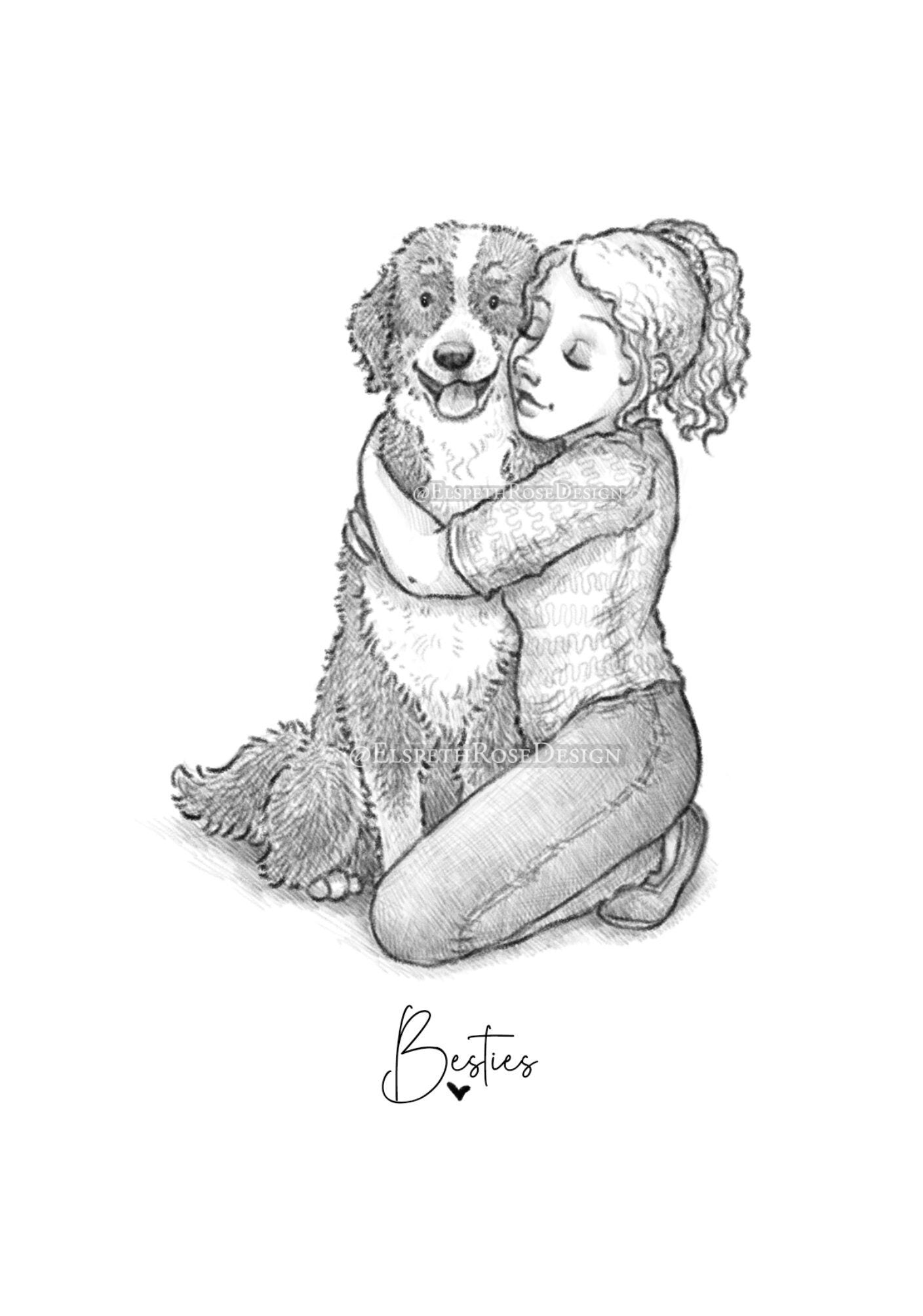 Besties 8x6 Mounted Open Edition Art Print | Pencil Sketch Illustration Style | Cartoon | Whimsical Children's Book Style | Bermese Dog