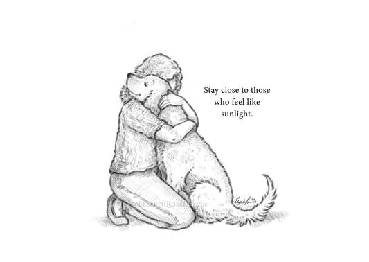 Sunlight 6 x 8-inch Art Print Dog Hug | Pencil Illustration Style | Cartoon | Whimsical Children's Book Style