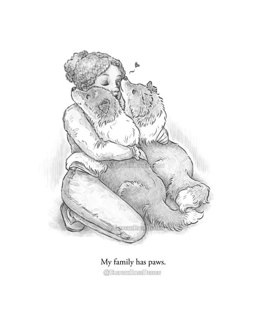 My Family Has Paws 8x6 Mounted Open Edition Art Print | Pencil Sketch Illustration Style | Cartoon | Rough Collie Dog