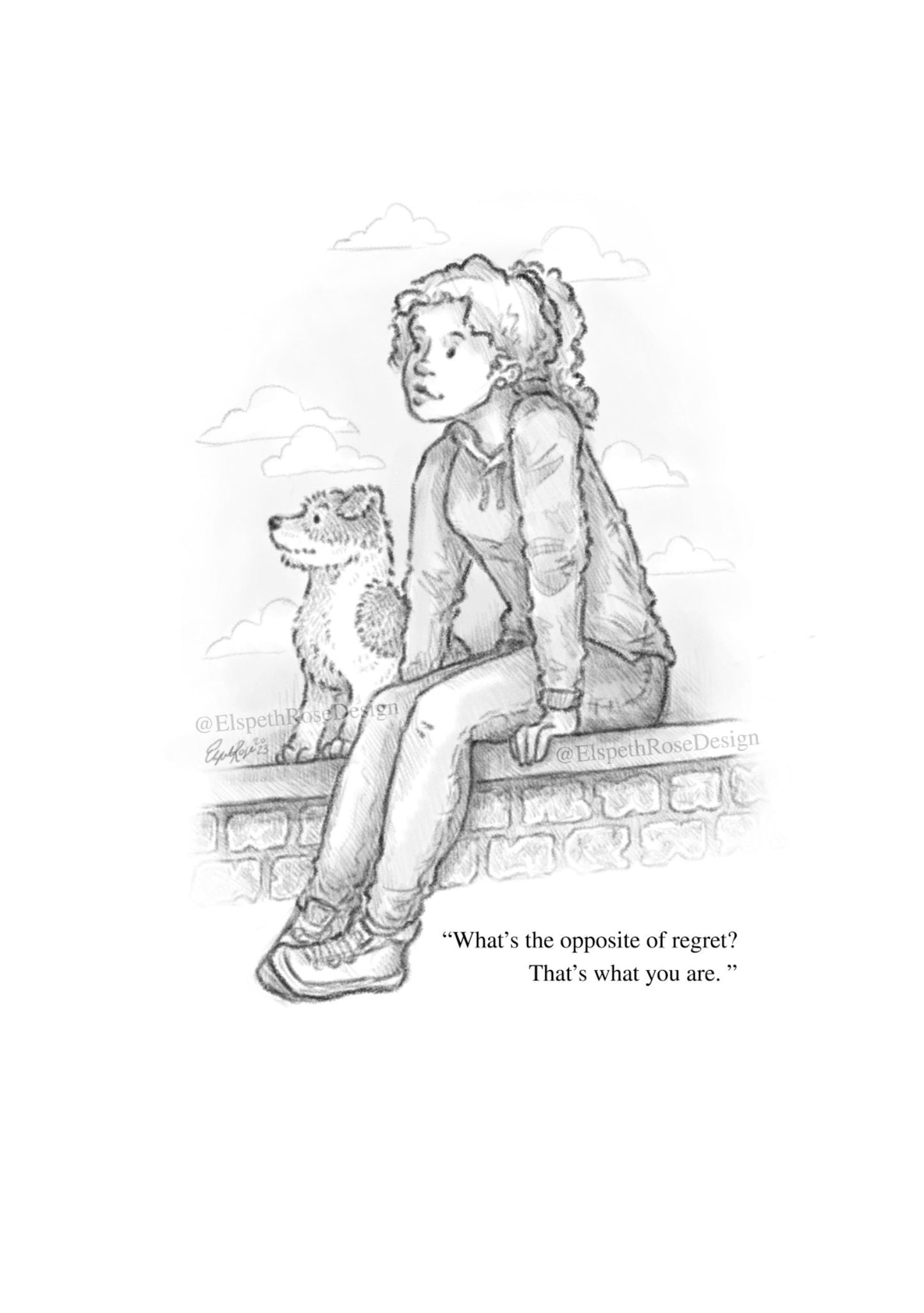 The Opposite of Regret 8x6 Mounted Open Edition Art Print | Pencil Illustration Style | Cartoon | Whimsical Children's Book Style