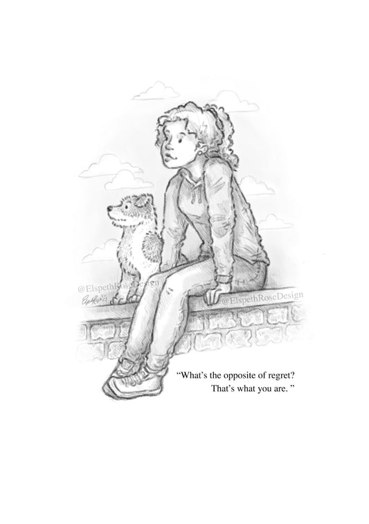 The Opposite of Regret 8x6 Mounted Open Edition Art Print | Pencil Illustration Style | Cartoon | Whimsical Children's Book Style