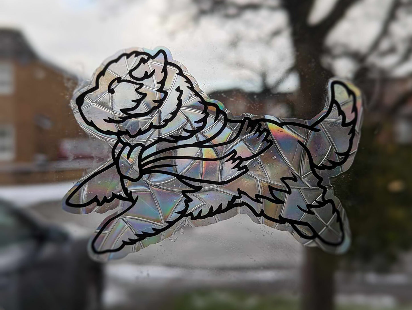 Winter Old English Sheepdog Vinyl Window Cling | Sun Catcher | Gift Idea | Dog Design | Cute OES | Rainbow | Christmas