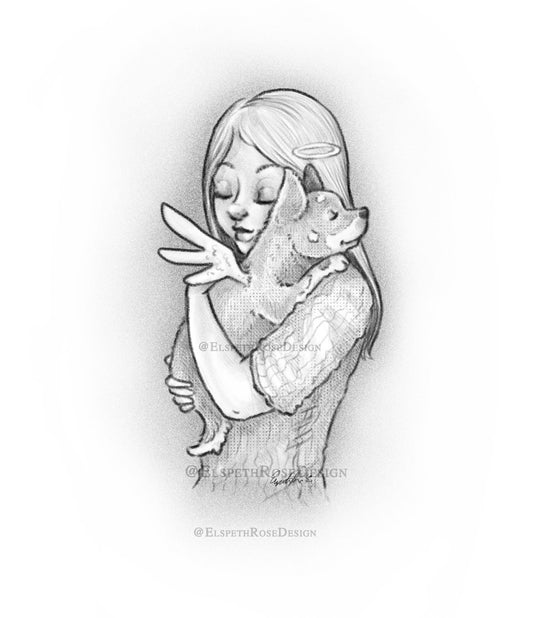 One More Hug 6 x 8 inch Mounted Art Print | Pencil Illustration Style | Cartoon | Rainbow Bridge Remembrance