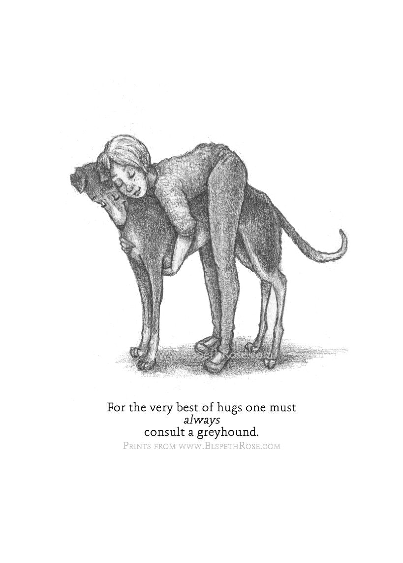 Consult a Greyhound 6 x 8 inch Print | Pencil Illustration Style | Cartoon | Whimsical Children's Book Style | Unframed